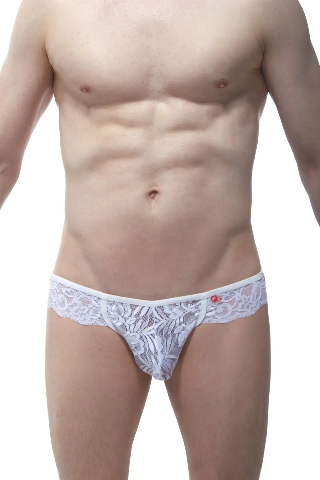 Petitq jock string lace white thong in white featuring intricate floral lace patterns and a small red logo on the waistband