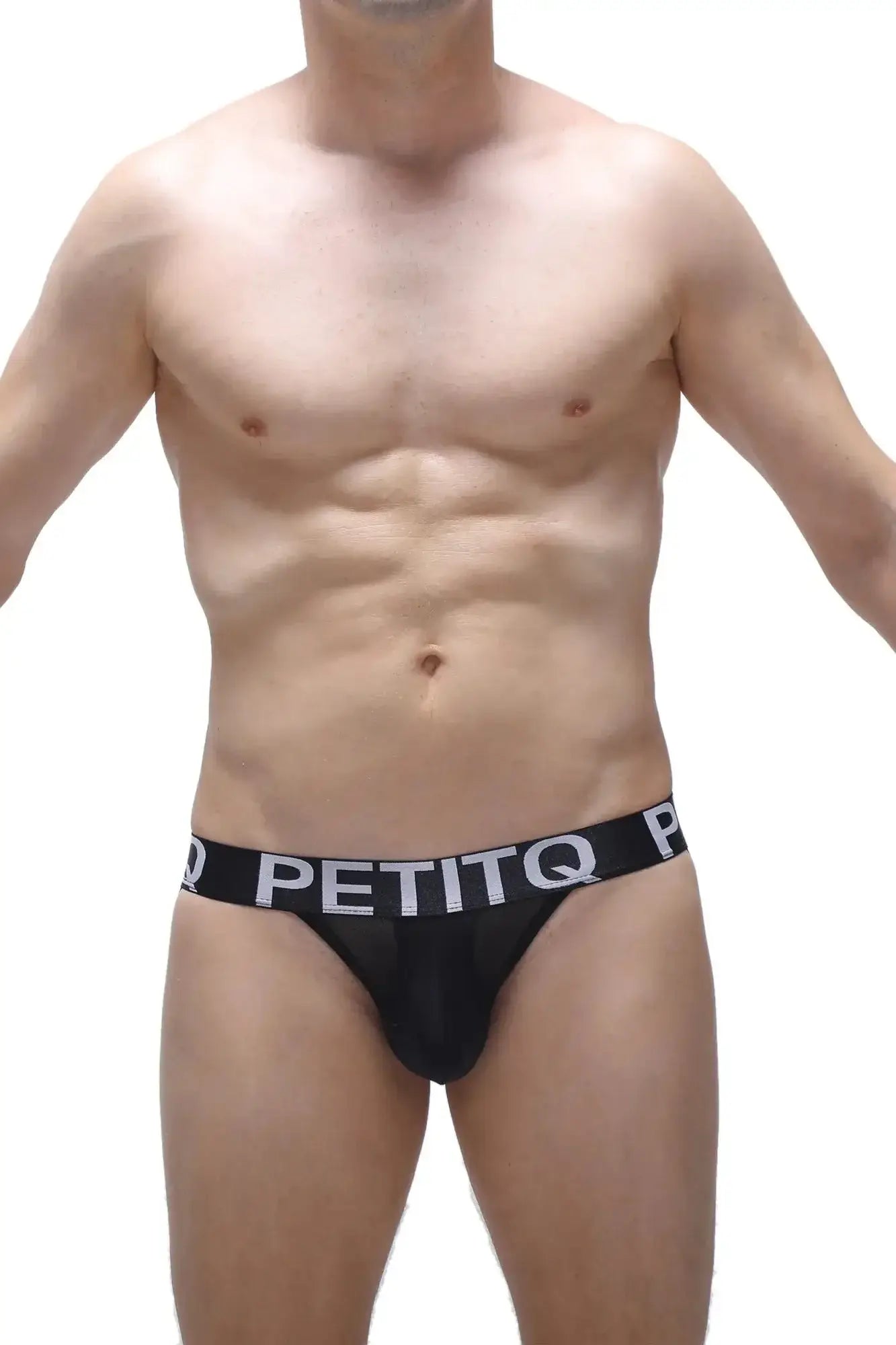 Black petitq jockstrap briefs with a white logo waistband band designed for comfortable support and style