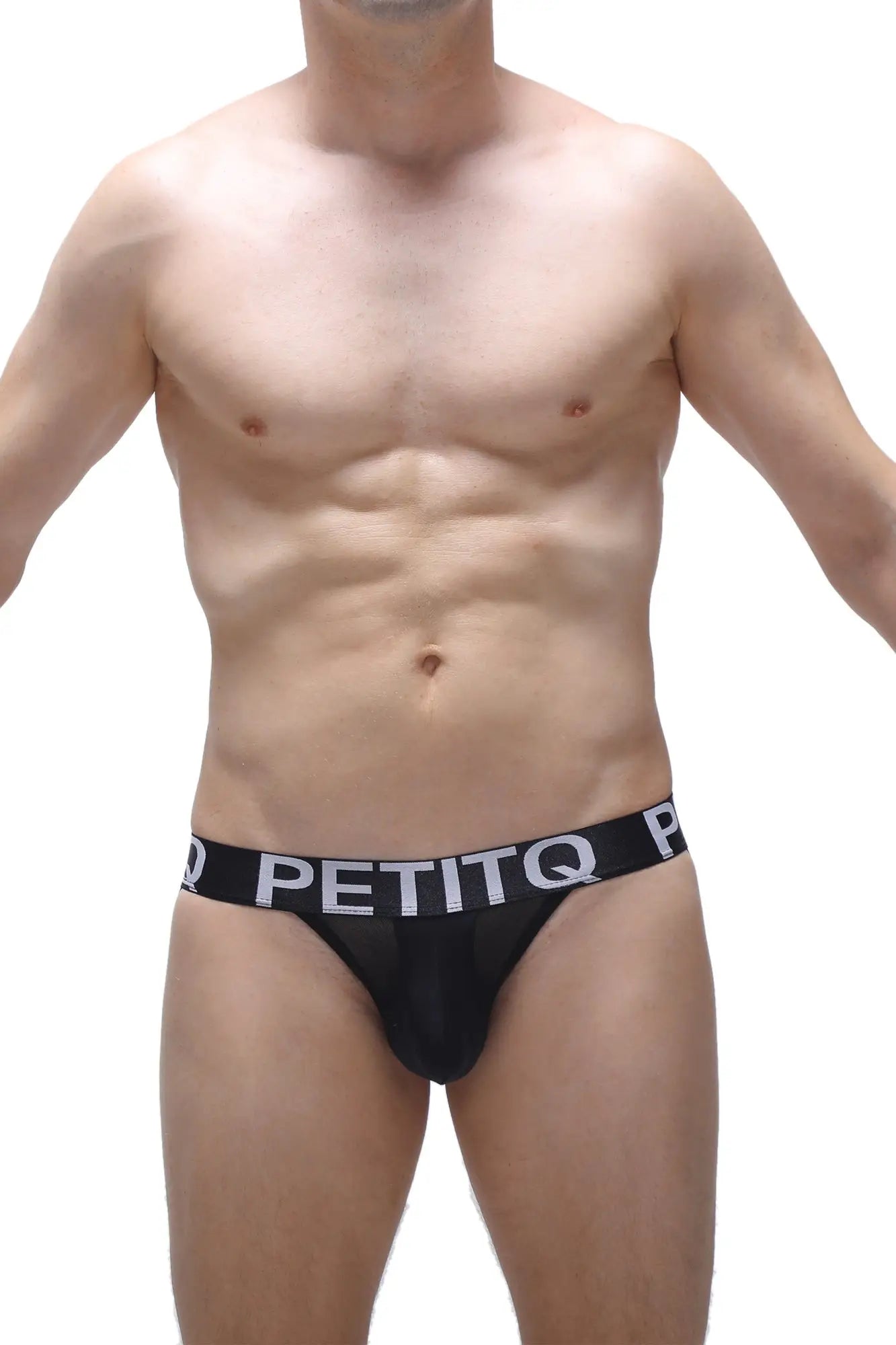 Black petitq jockstrap briefs with a white logo waistband band designed for comfortable support and style