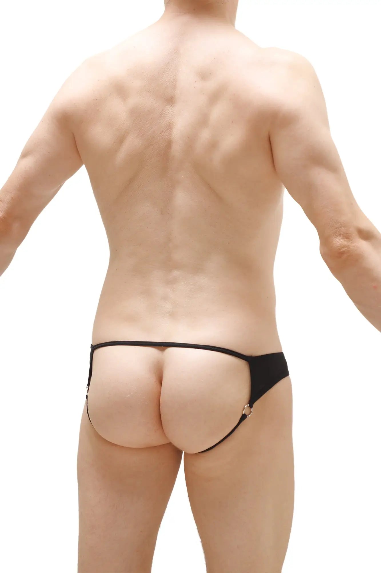 Black thong petitq jockstrap anglas with thin sleek straps and small metallic rings at the sides