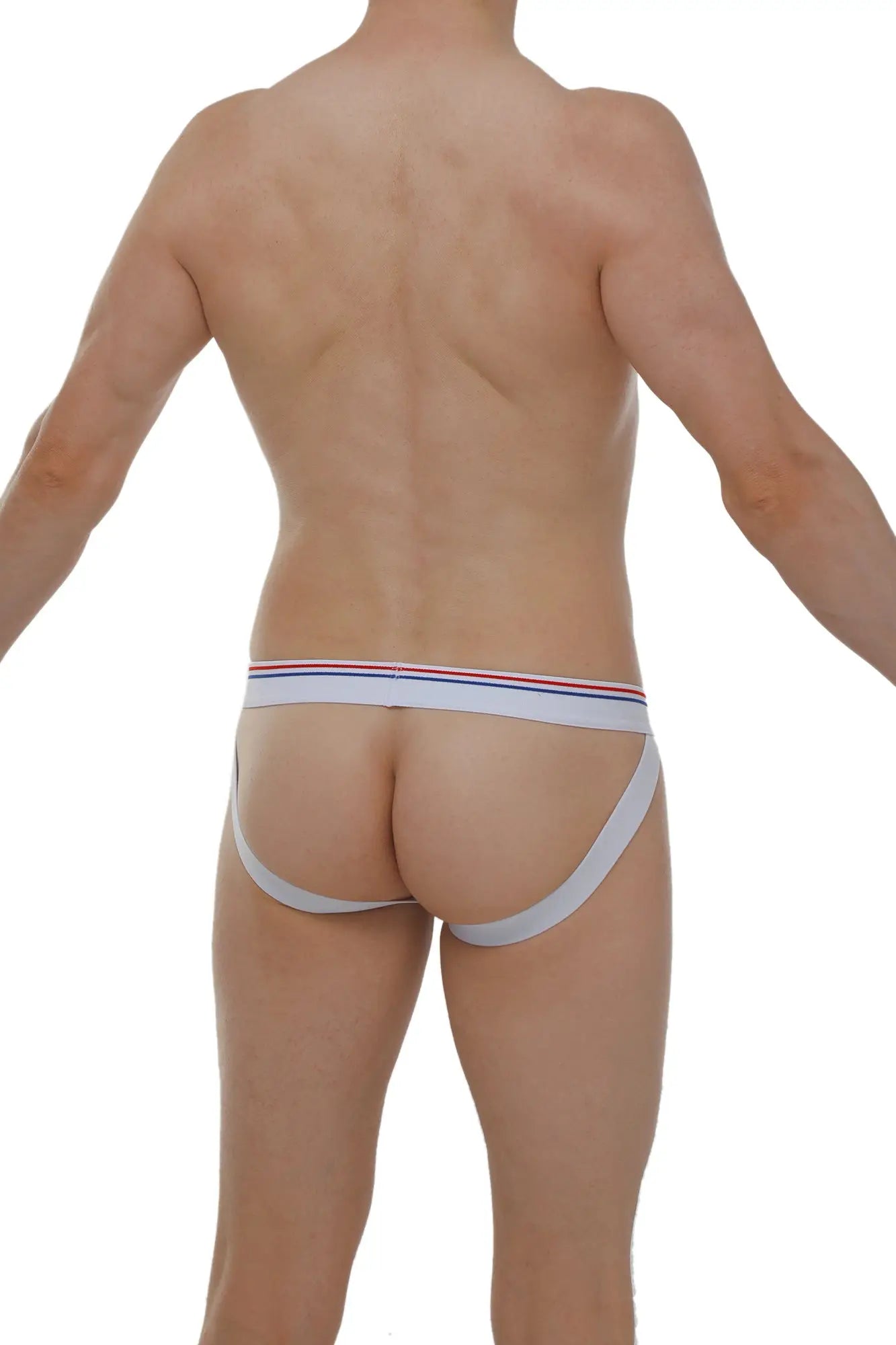 White petitq jockstrap in anjouin modal with a thin red white and blue striped waistband for athletic use