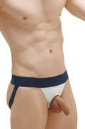 White and navy blue petitq jockstrap anjouin athletic briefs with a supportive contoured design