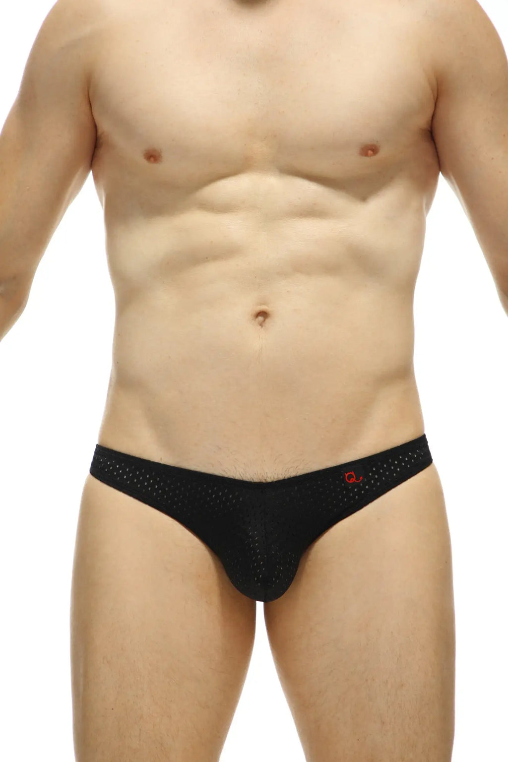 Black mesh briefs with a red bagard bee logo on the waistband from petitq jockstrap bagard bee black collection