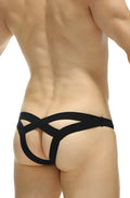 Black petitq jockstrap bagard bee thong showing back with sleek form-fitting fabric and crisscross design