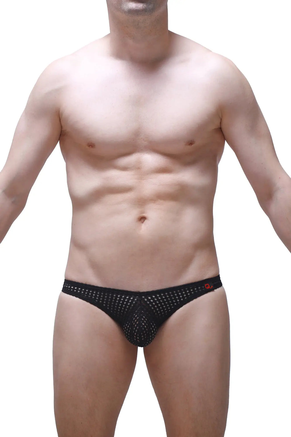 PetitQ jockstrap bagard durtol black black mesh briefs with subtle red logo on waistband front view