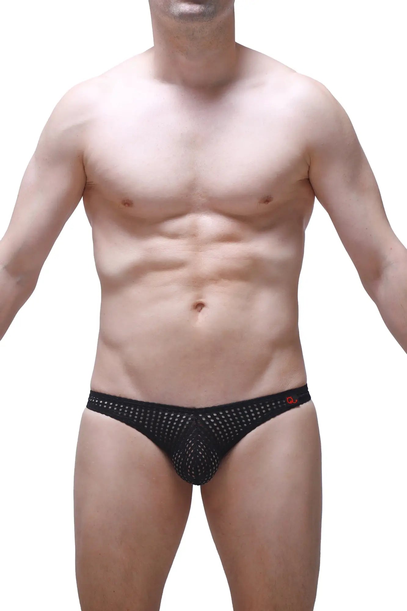 PetitQ jockstrap bagard durtol black black mesh briefs with subtle red logo on waistband front view