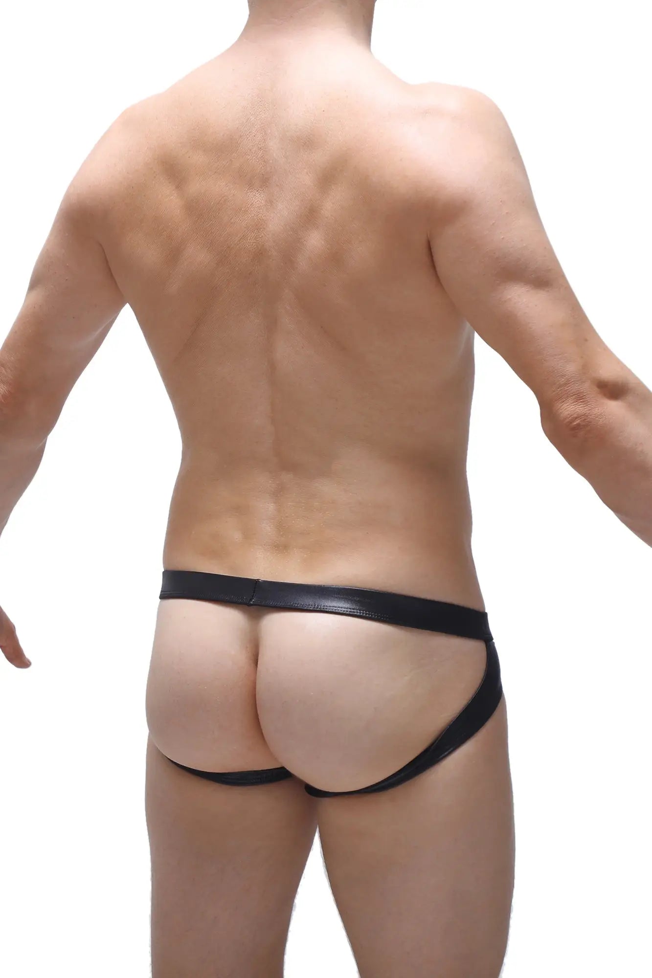 Black leather-like briefs with sleek minimalist design from petitq jockstrap beire wet black collection
