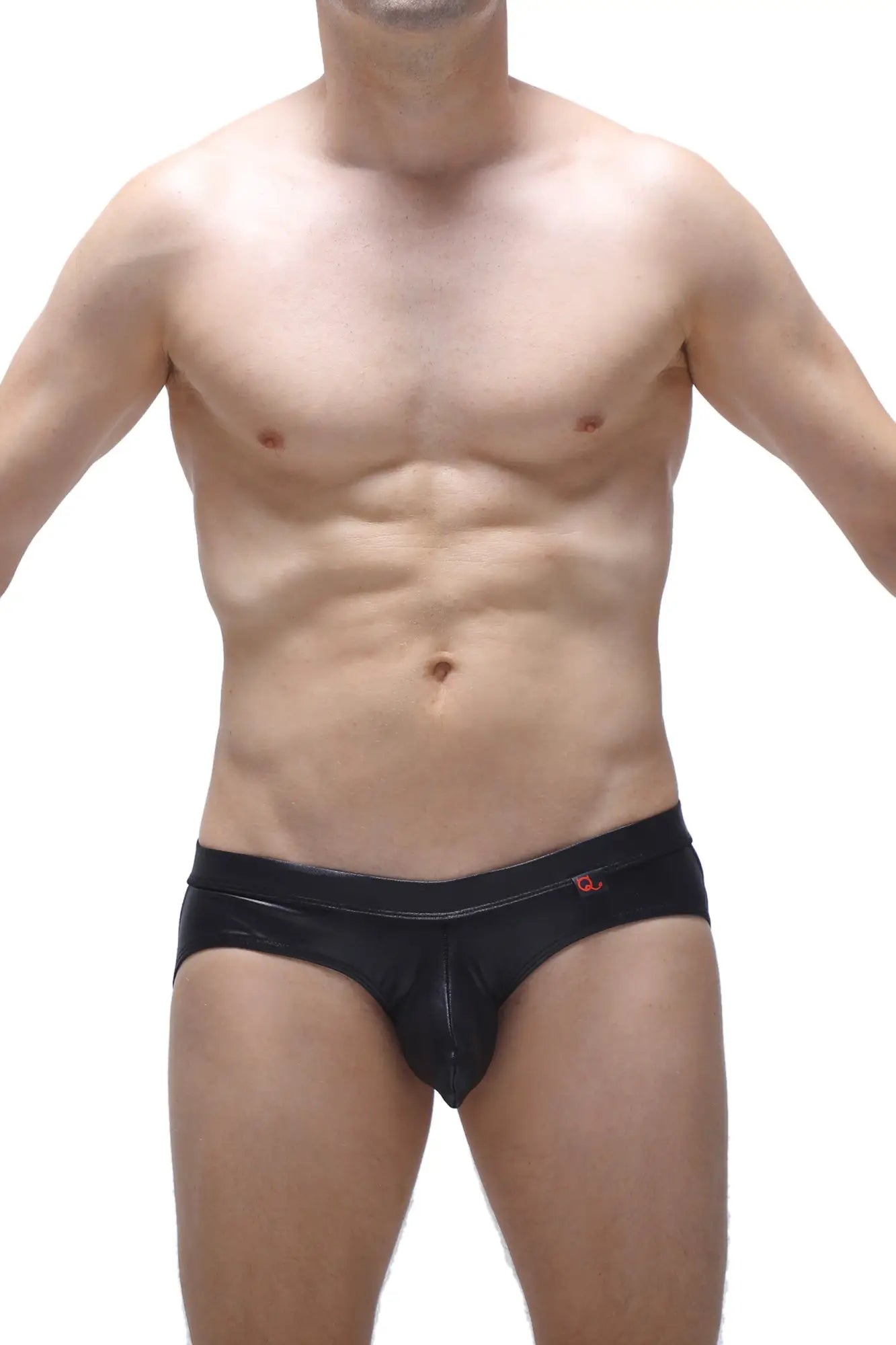 Black patent leather PetitQ jockstrap briefs with a red logo on the waistband showing the front side