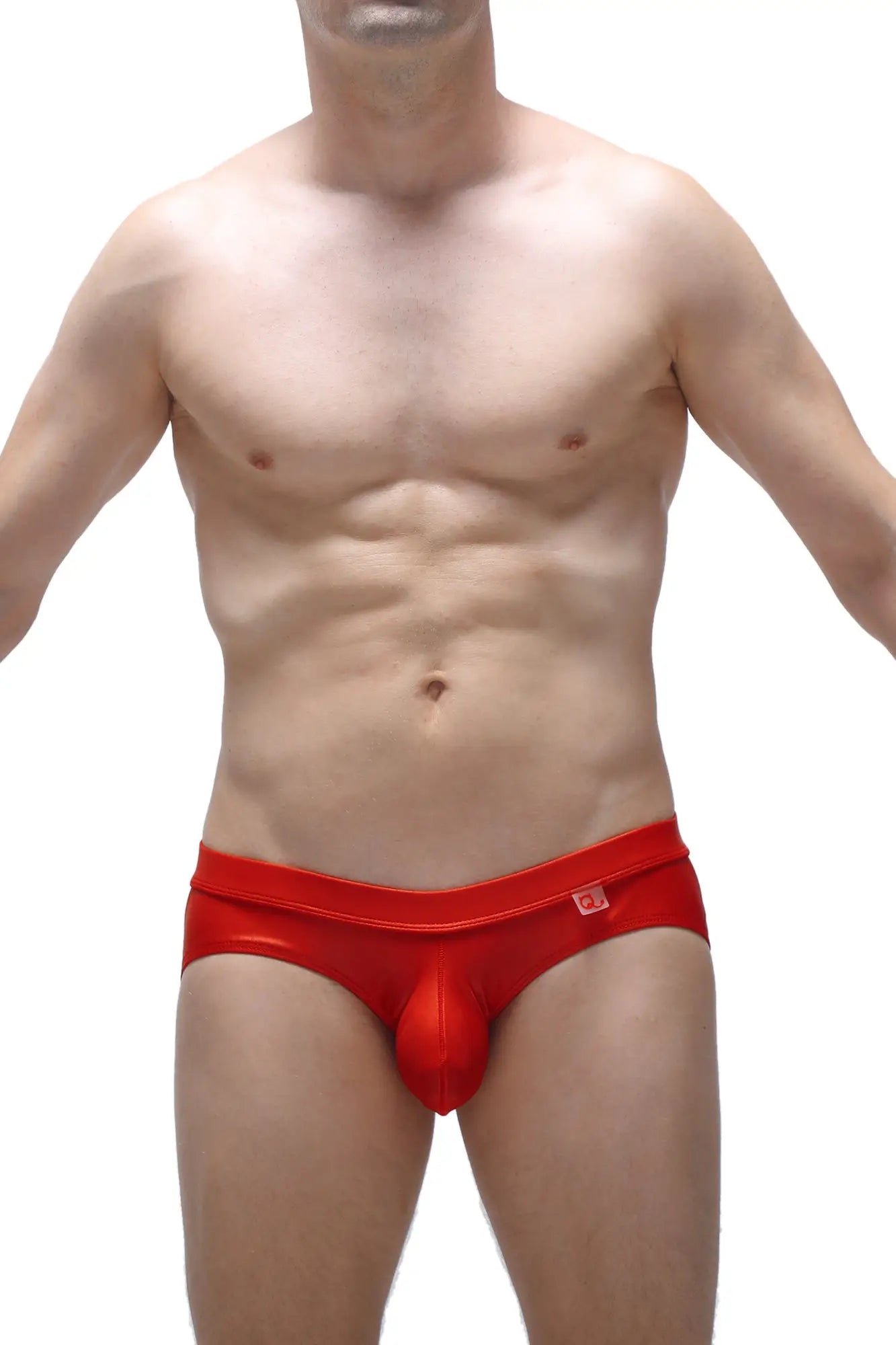 PetitQ jockstrap beire wet red shiny latex men briefs with a prominent pouch design for bold style and comfort
