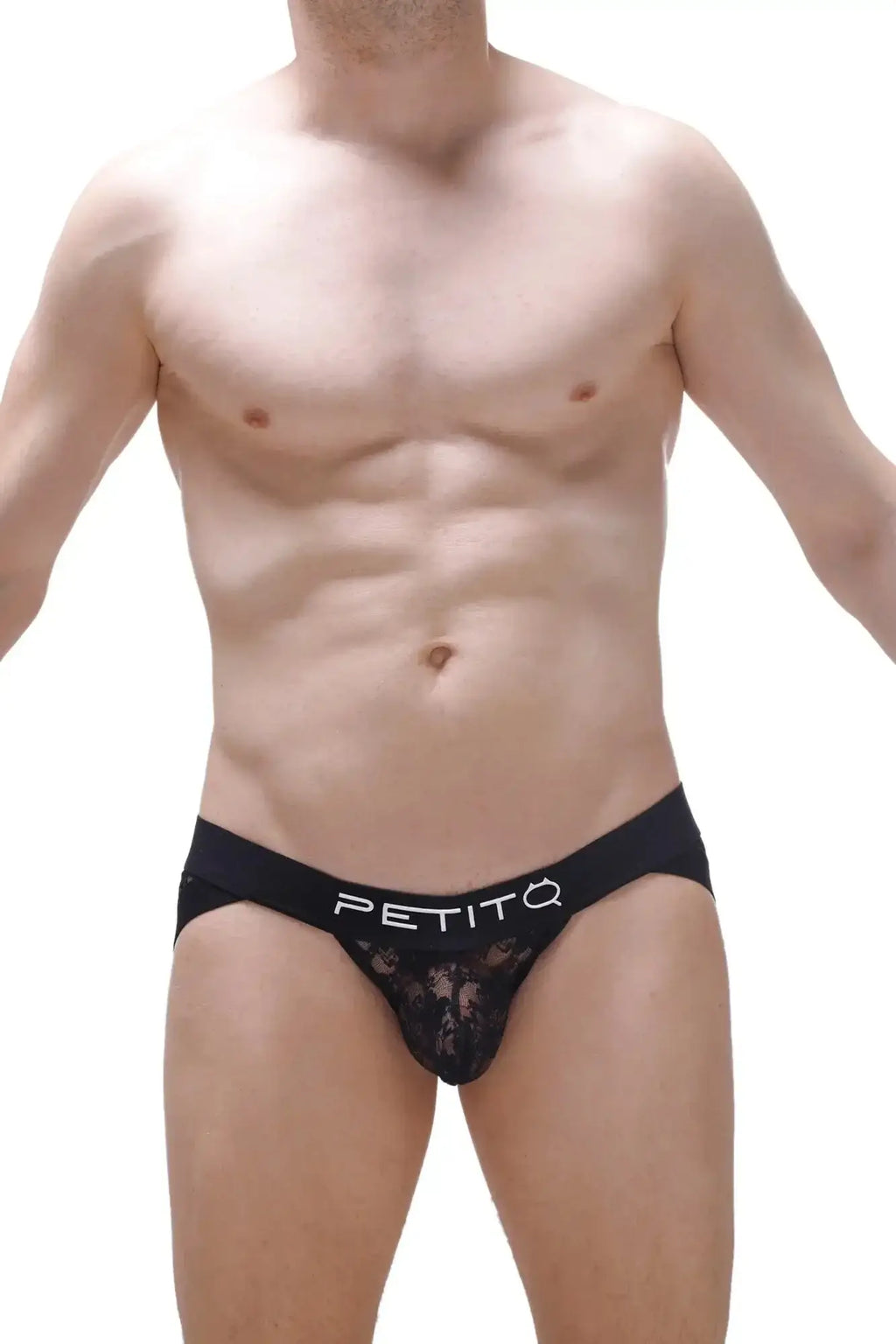 Black lace thong with solid black waistband featuring petitq brand name in white from petitq jockstrap bizas lace collection