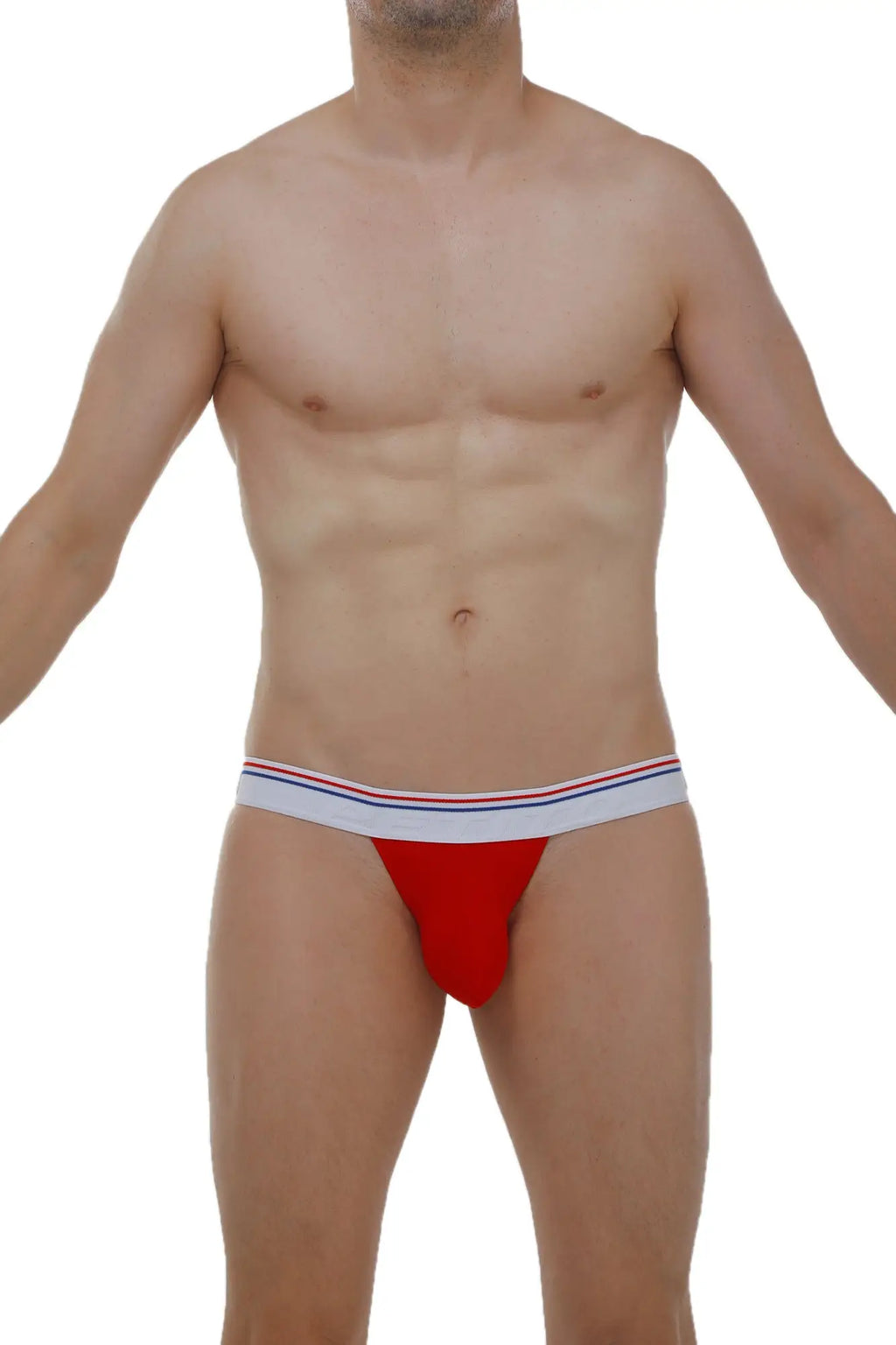 Red petitq jockstrap briefs with white waistband featuring thin red and blue stripes made of modal fabric