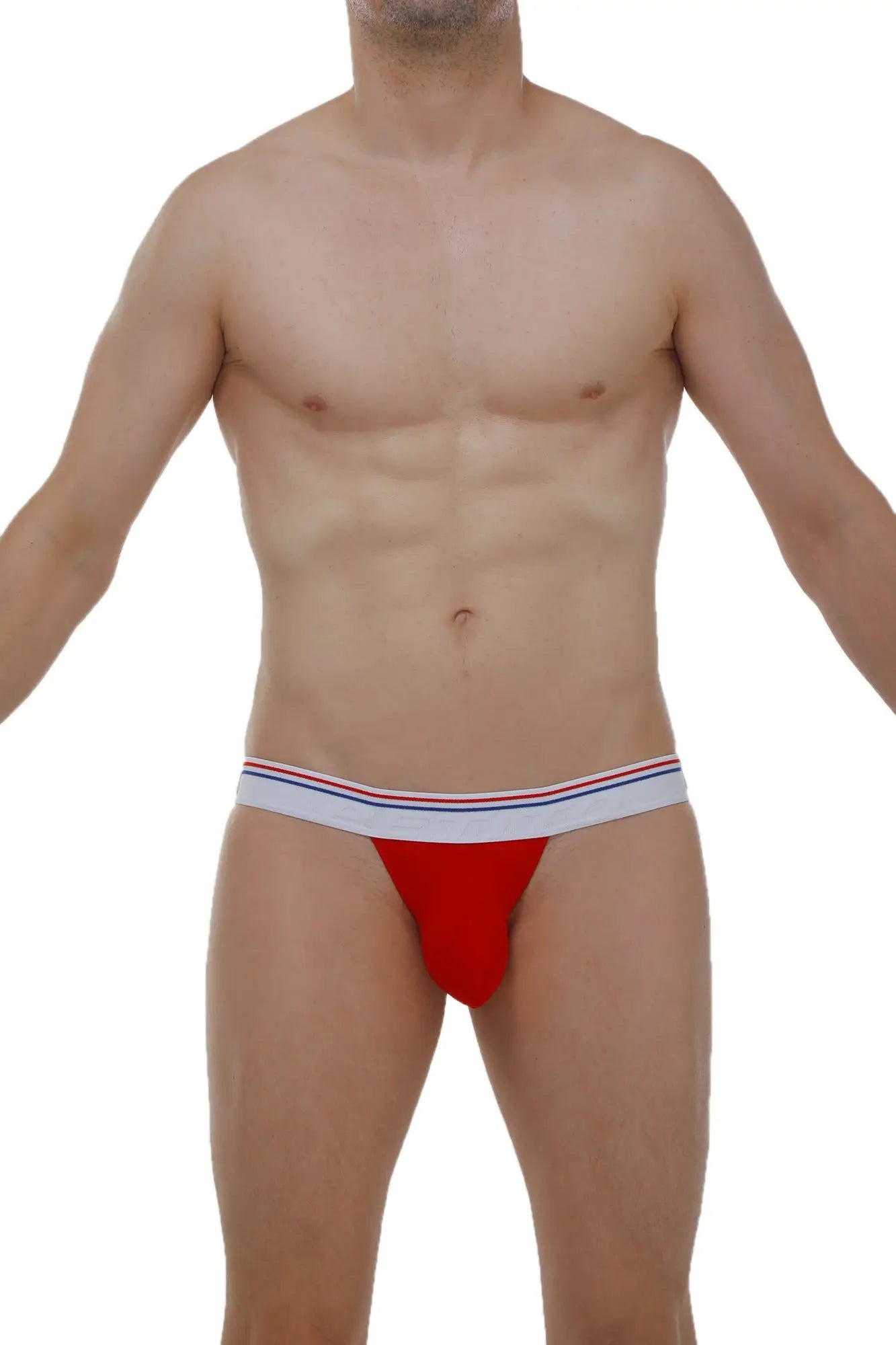 Red petitq jockstrap briefs with white waistband featuring thin red and blue stripes made of modal fabric