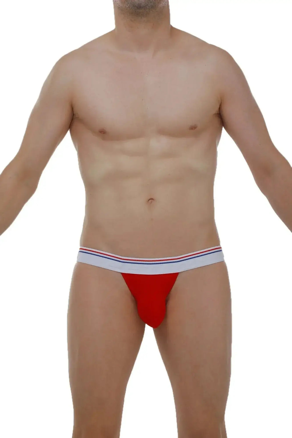 Red petitq jockstrap briefs with white waistband featuring thin red and blue stripes made of modal fabric