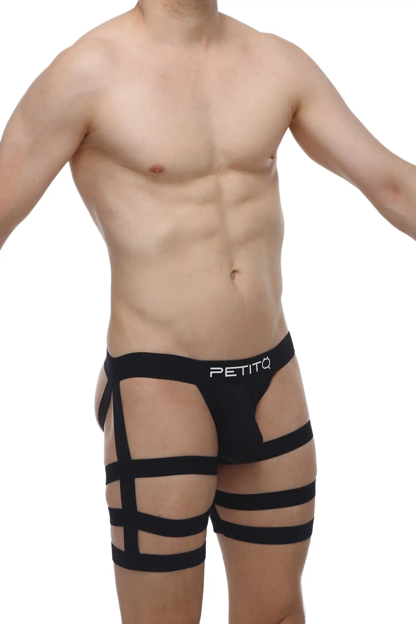 Black petitq mens briefs with bold geometric strap design in petitq jockstrap bondage black style