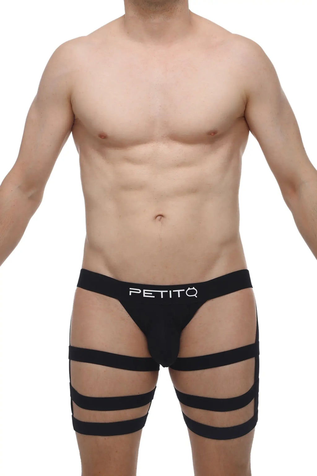 Black petitq jockstrap bondage men’s underwear with cut-out design and multiple horizontal straps in front view