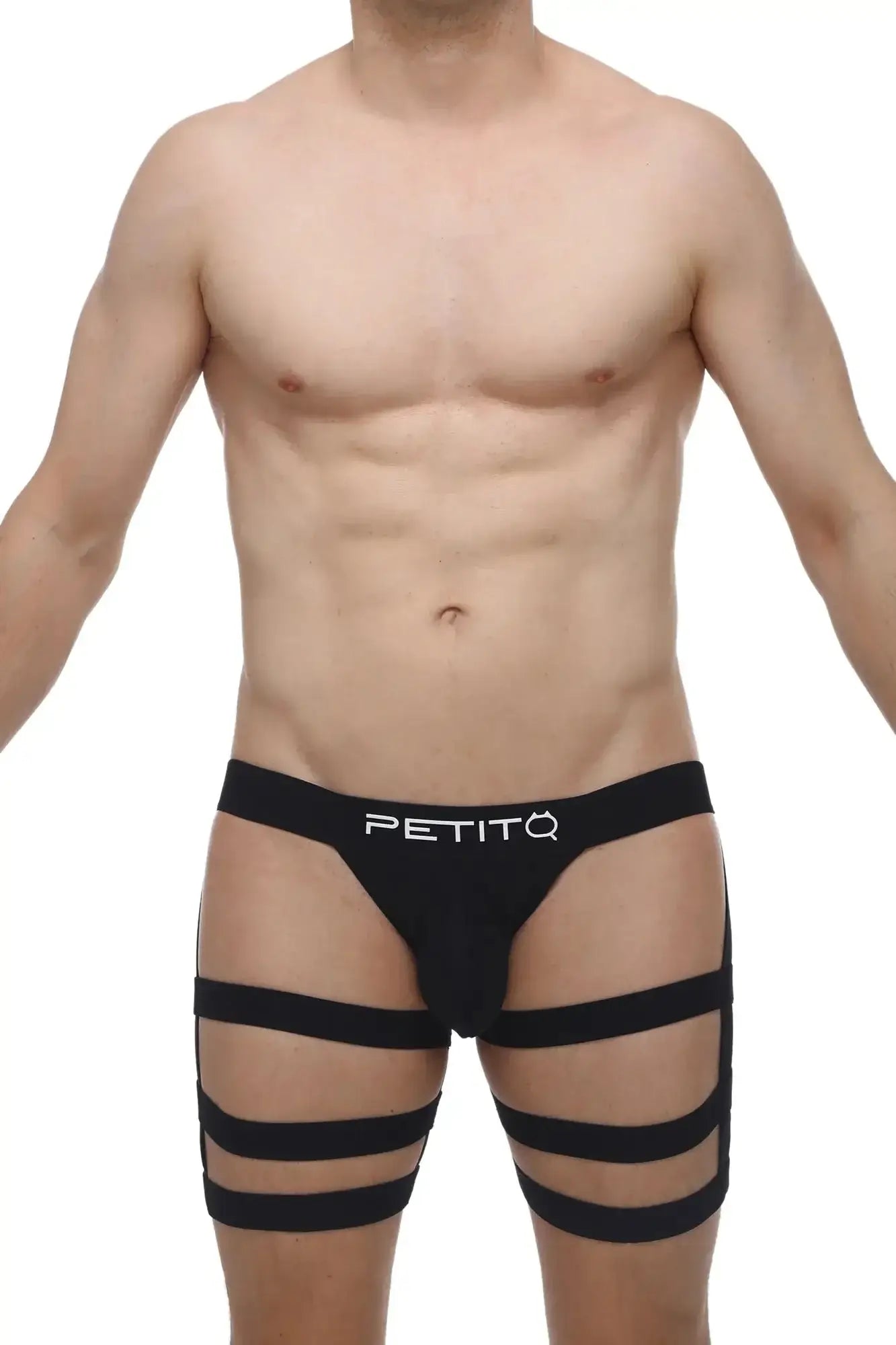 Black petitq jockstrap bondage men’s underwear with cut-out design and multiple horizontal straps in front view