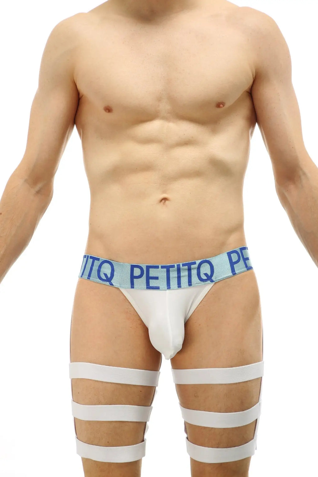 White petitq jockstrap bondage briefs with light blue branded waistband and three white horizontal leg straps