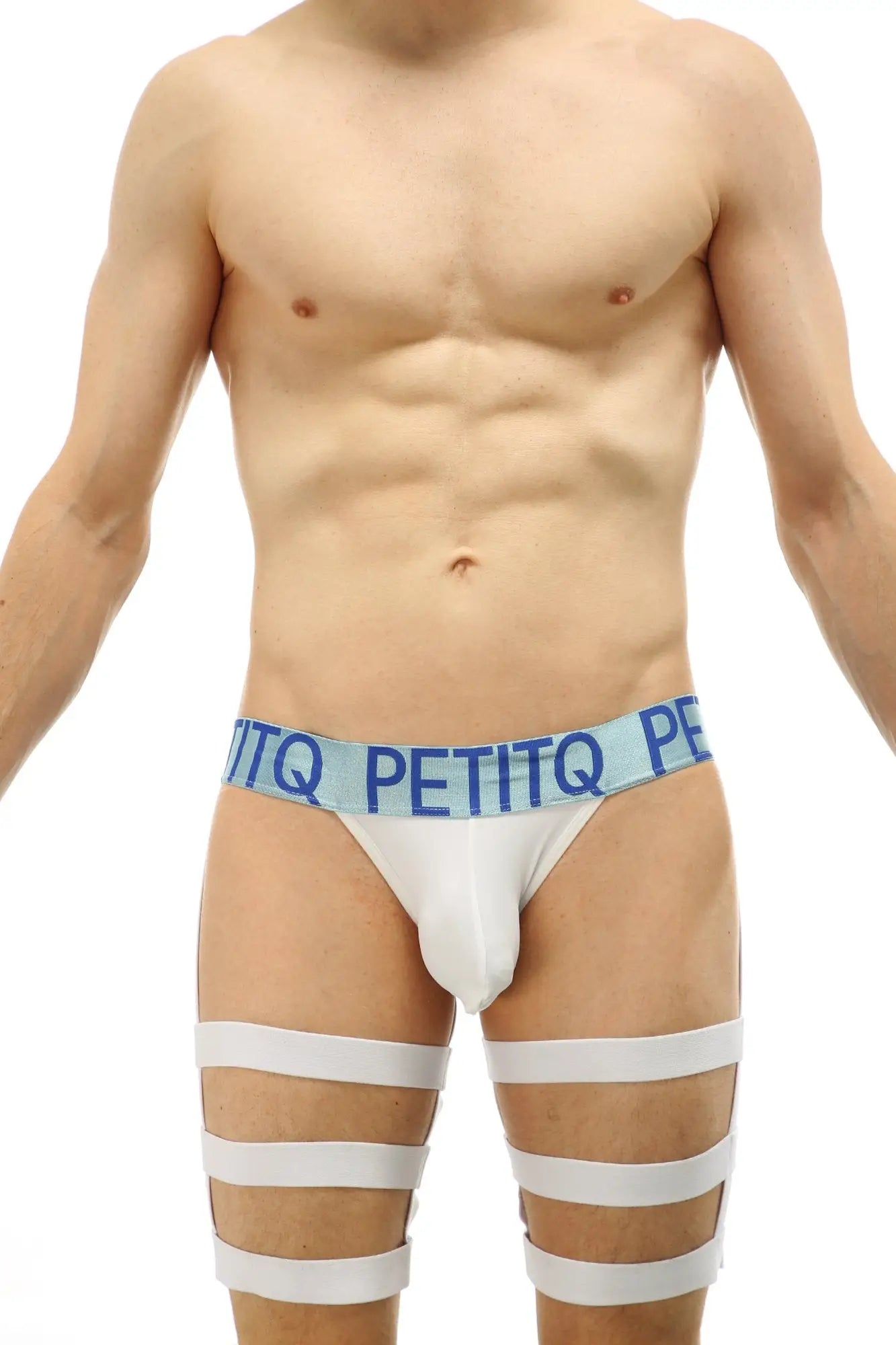 White petitq jockstrap bondage briefs with light blue branded waistband and three white horizontal leg straps