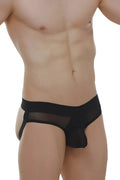 Petitq jockstrap brasc net black sheer mesh briefs with solid black waistband and side straps shown from the back