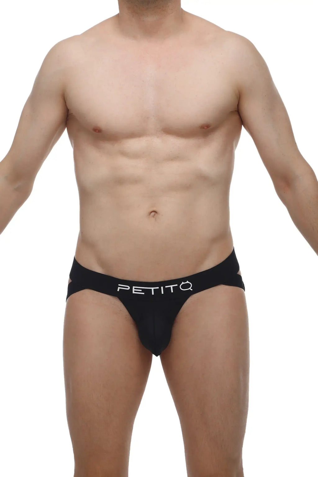 Petitq jockstrap brucy black briefs black sleek form-fitting design with white logo on waistband front view