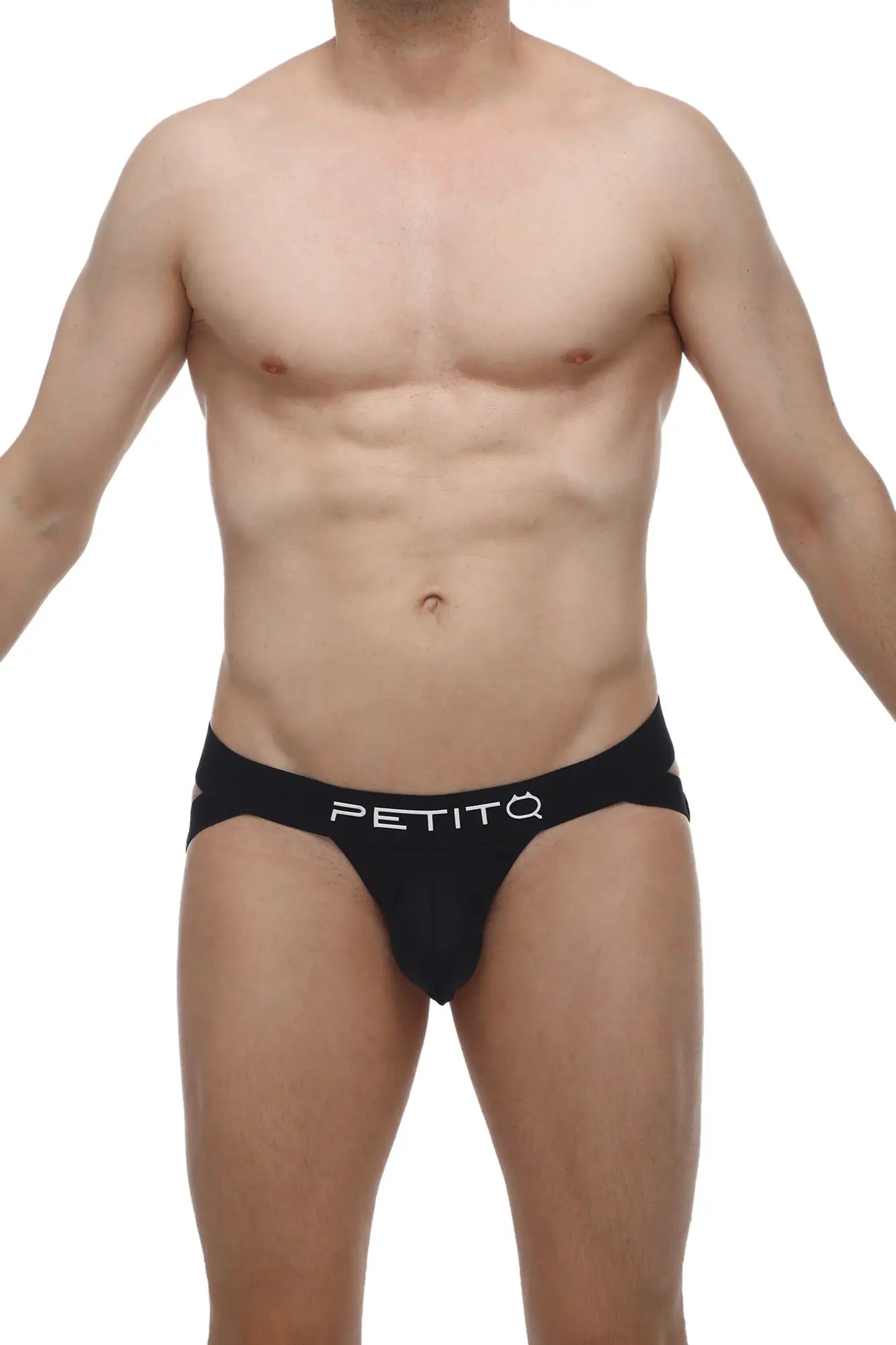 Petitq jockstrap brucy black briefs black sleek form-fitting design with white logo on waistband front view
