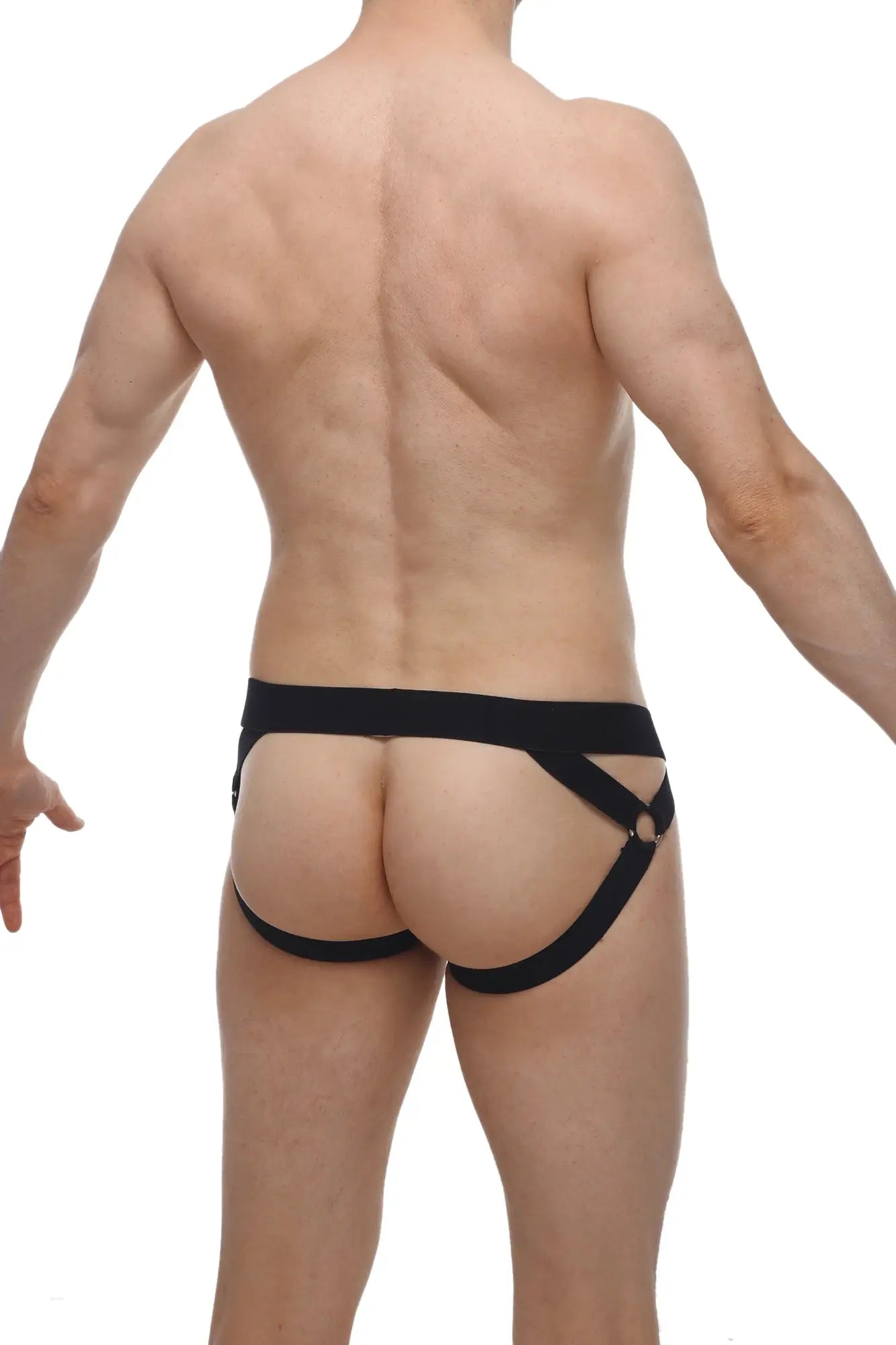 Petitq jockstrap brucy black black leather-like harness-style briefs with central waistband and diagonal straps
