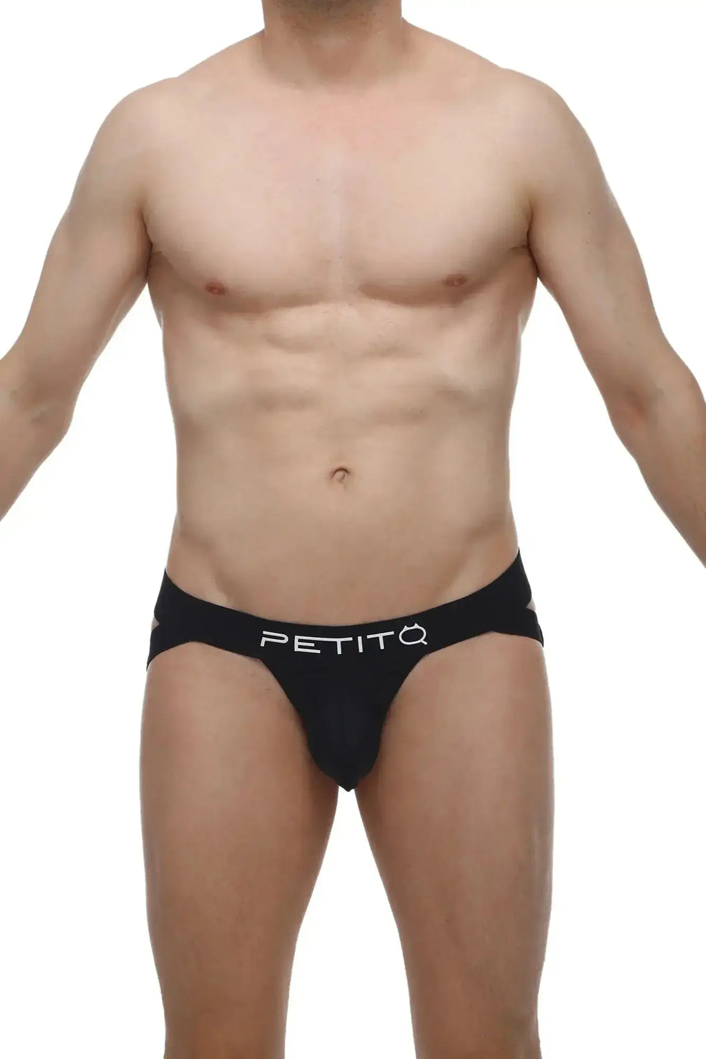 Petitq jockstrap brucy black briefs black sleek form-fitting design with white logo on waistband front view