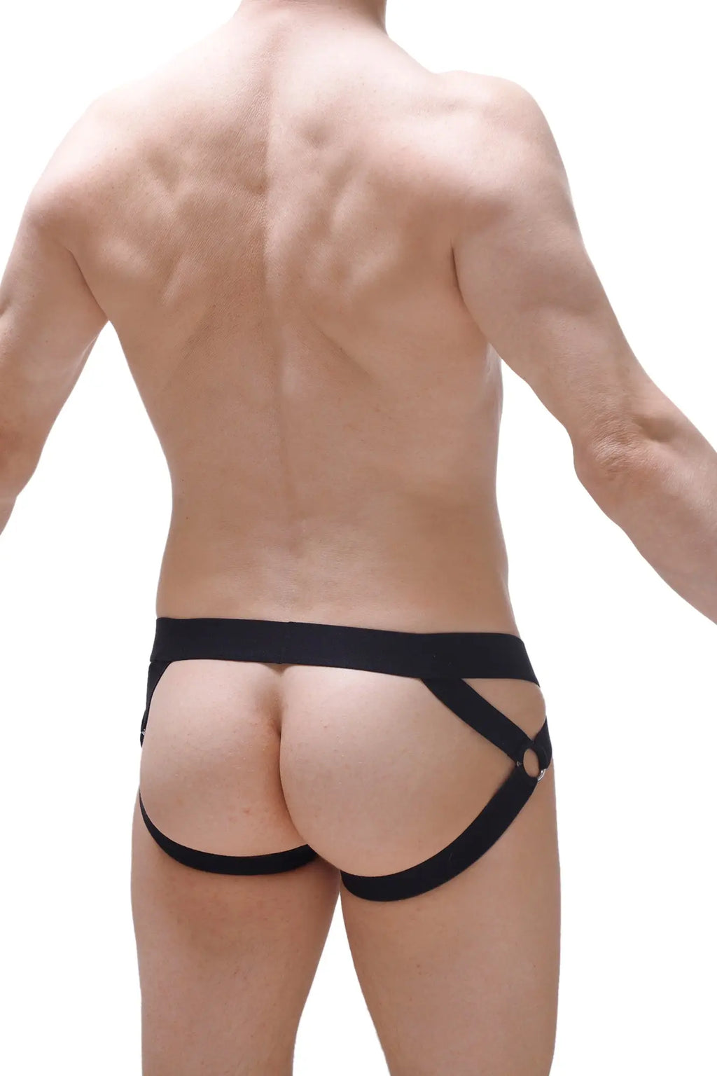 Black petitq jockstrap brucy lace briefs with wide waistband and crisscrossing side straps in lace fabric