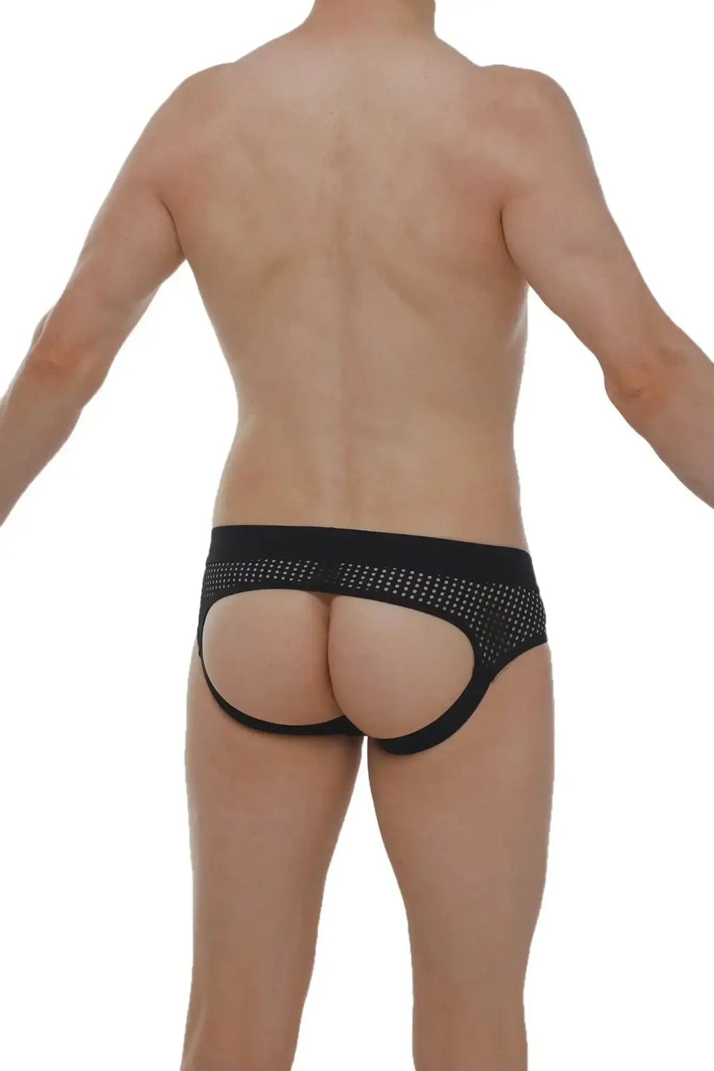 Back side of petitq jockstrap cairanne durtol black showing black mesh briefs with perforated design and open back