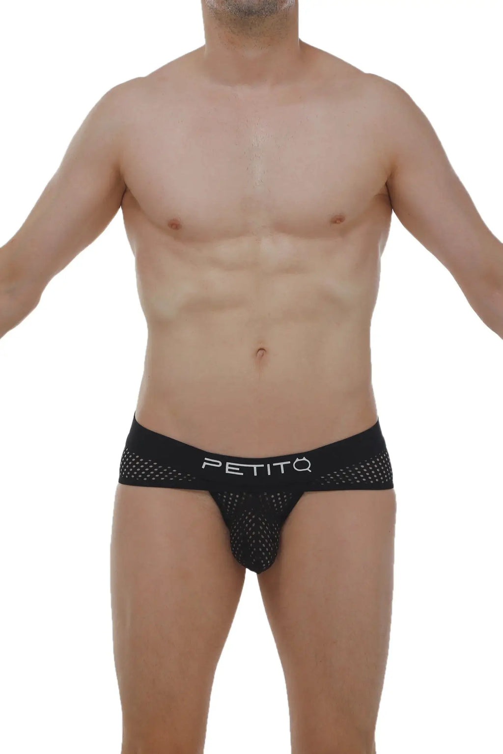 Black mesh PetitQ jockstrap Cairanne Durtol with perforated design and white petitô logo on waistband