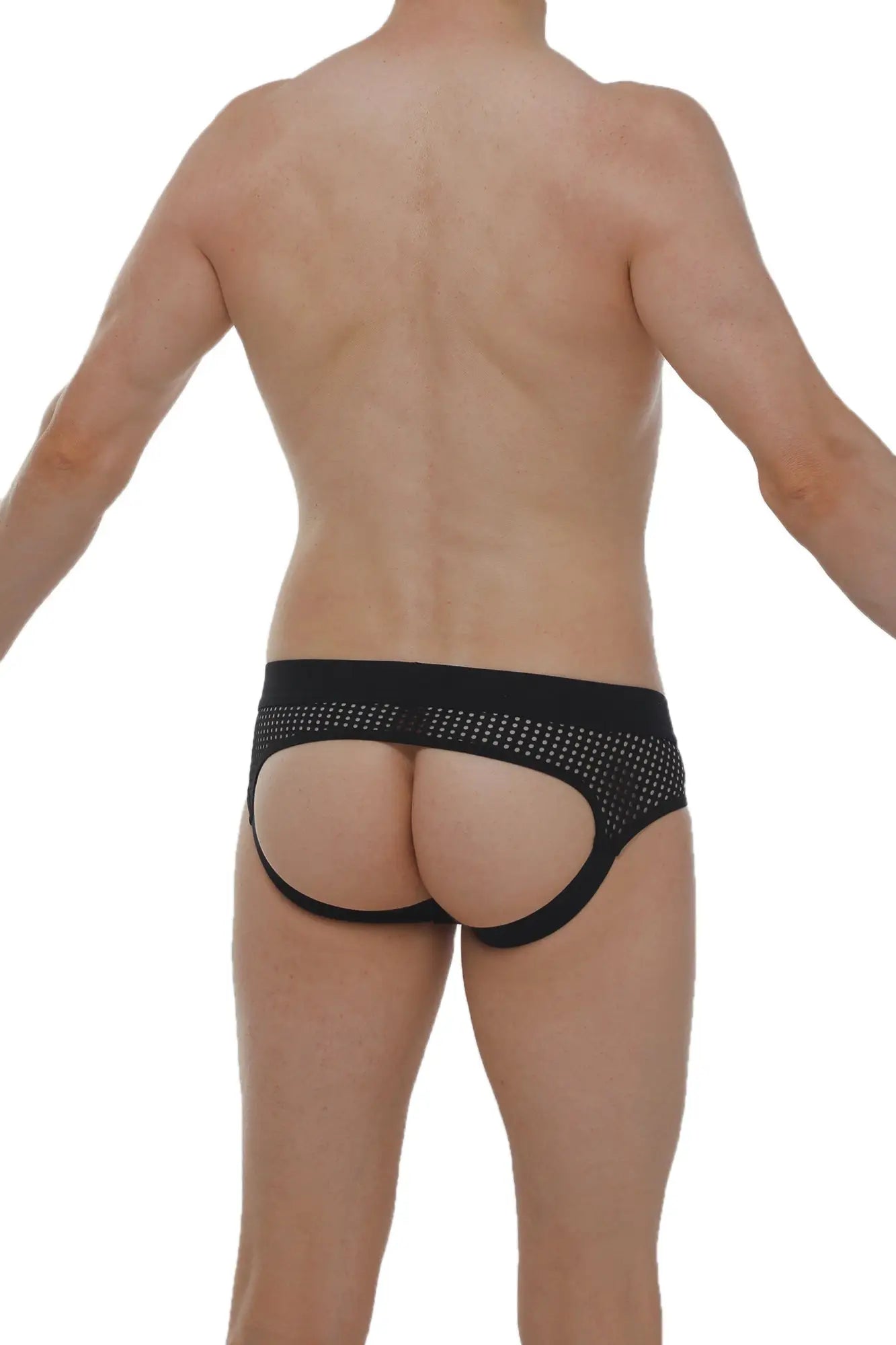 Back side of petitq jockstrap cairanne durtol black showing black mesh briefs with perforated design and open back