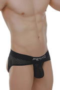Black mesh jockstrap briefs with white petitq logo on waistband from petitq cairanne durtol collection
