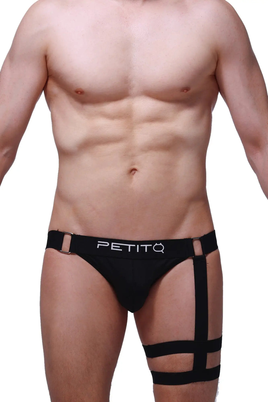 Black petitq men’s briefs with strappy harness-style design for edgy, comfortable everyday wear