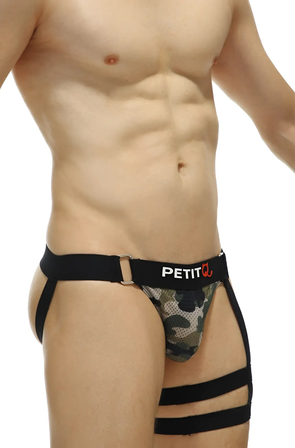 Black and camouflage patterned petitq jockstrap calenge camo briefs with adjustable straps and supportive fit