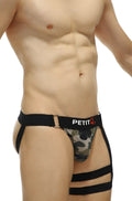 Black and camouflage patterned petitq jockstrap calenge camo briefs with adjustable straps and supportive fit