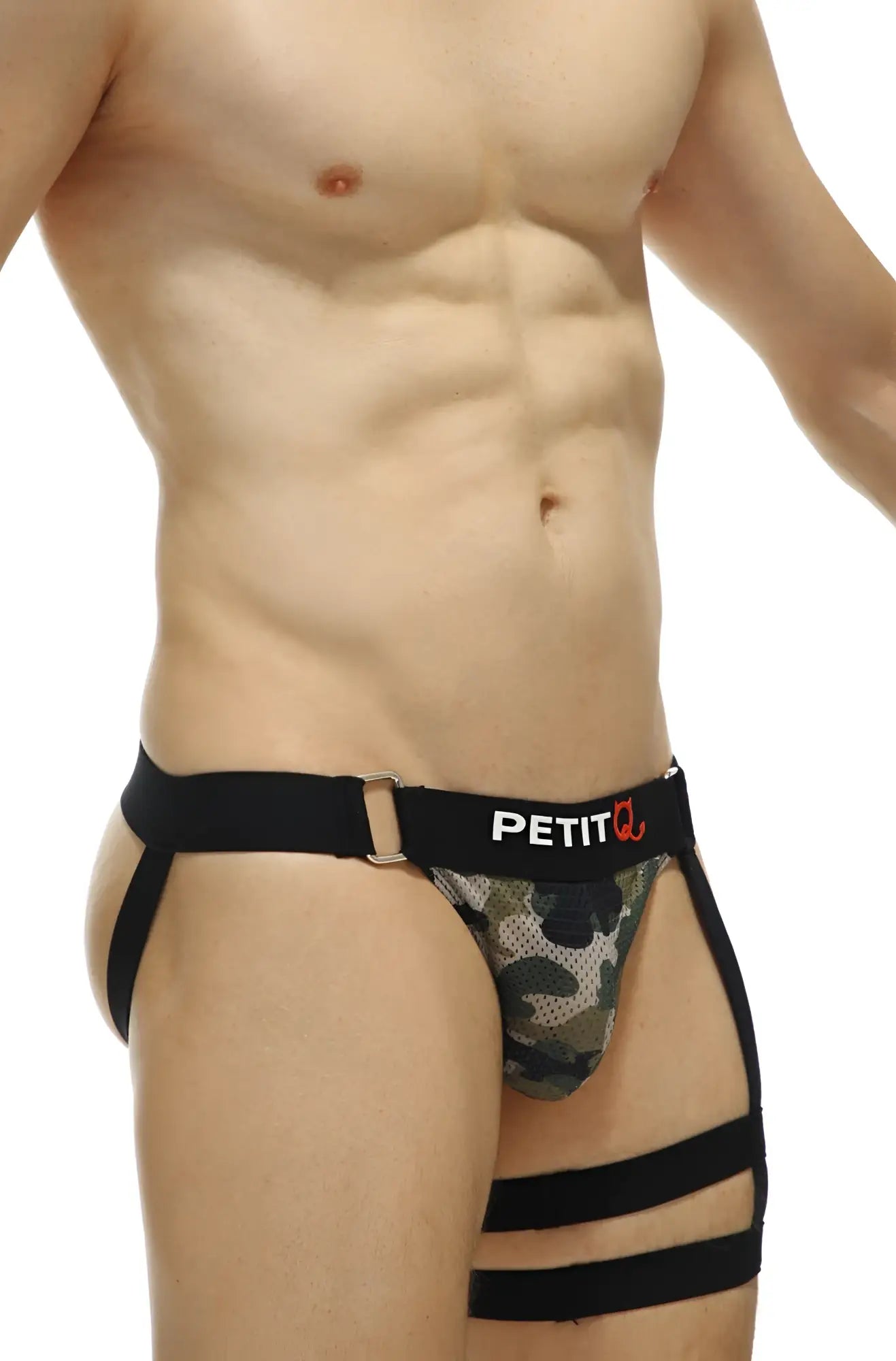 Black and camouflage patterned petitq jockstrap calenge camo briefs with adjustable straps and supportive fit