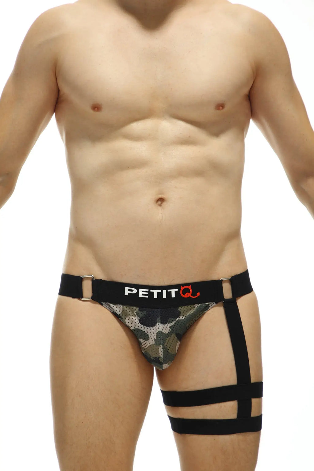 Petitq jockstrap calenge camo men’s briefs in black and green camouflage with black straps and petit q logo waistband