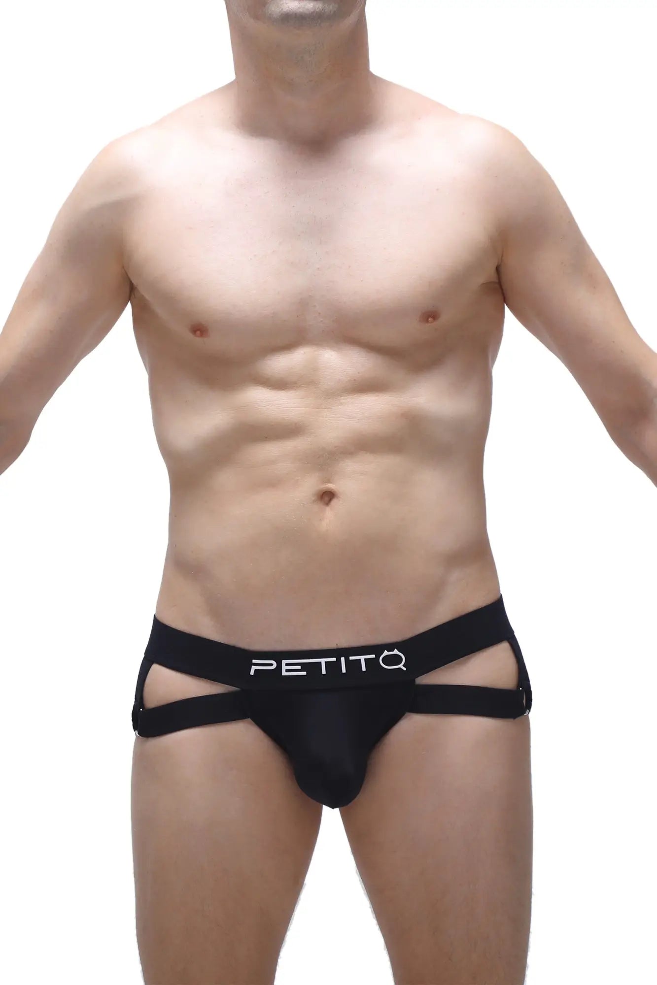 Black petitq jockstrap briefs with sleek contoured design and distinctive side cutouts in chery black color