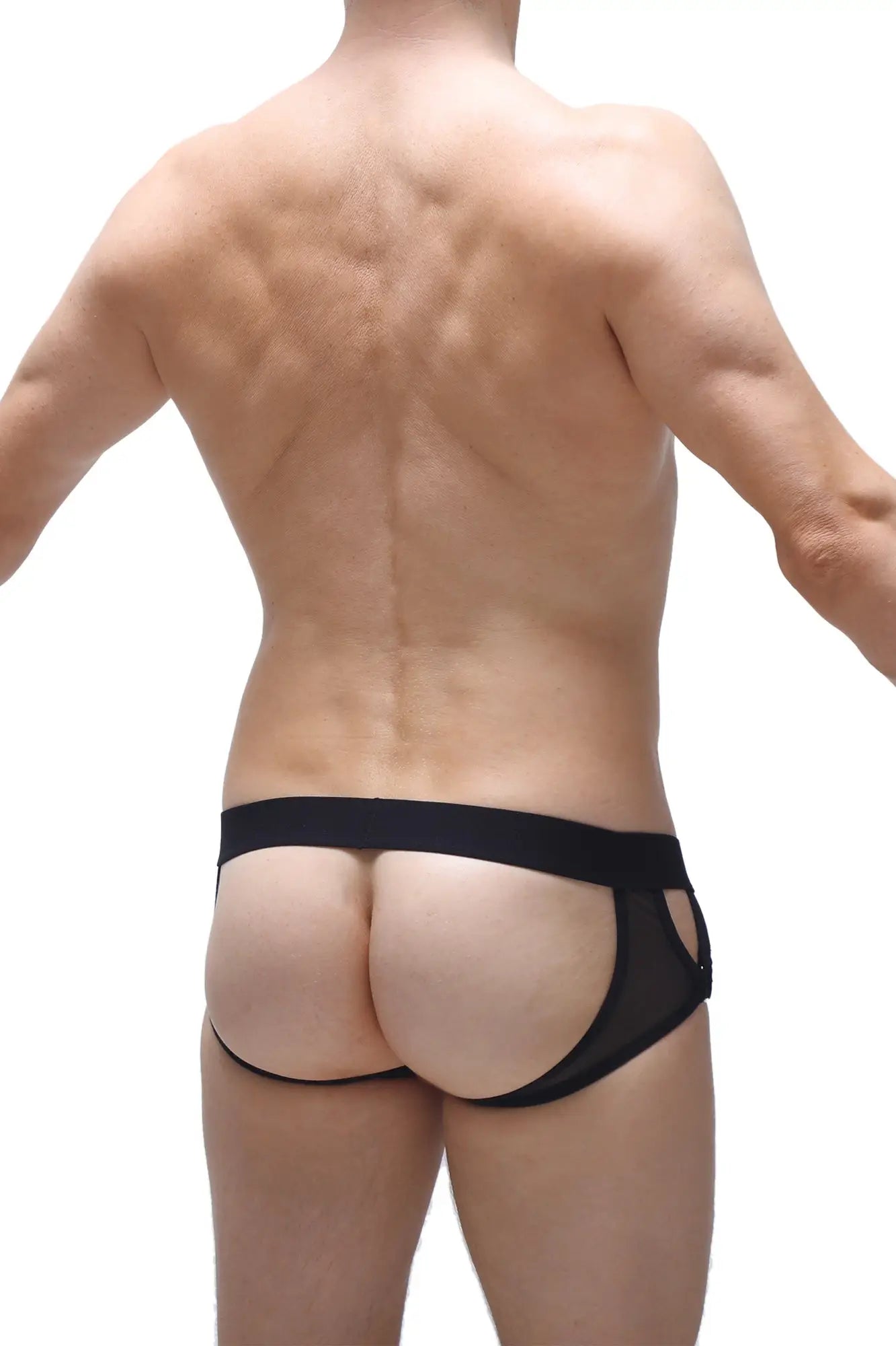 Black mesh petitq jockstrap briefs with solid waistband showing front side design and breathable fabric
