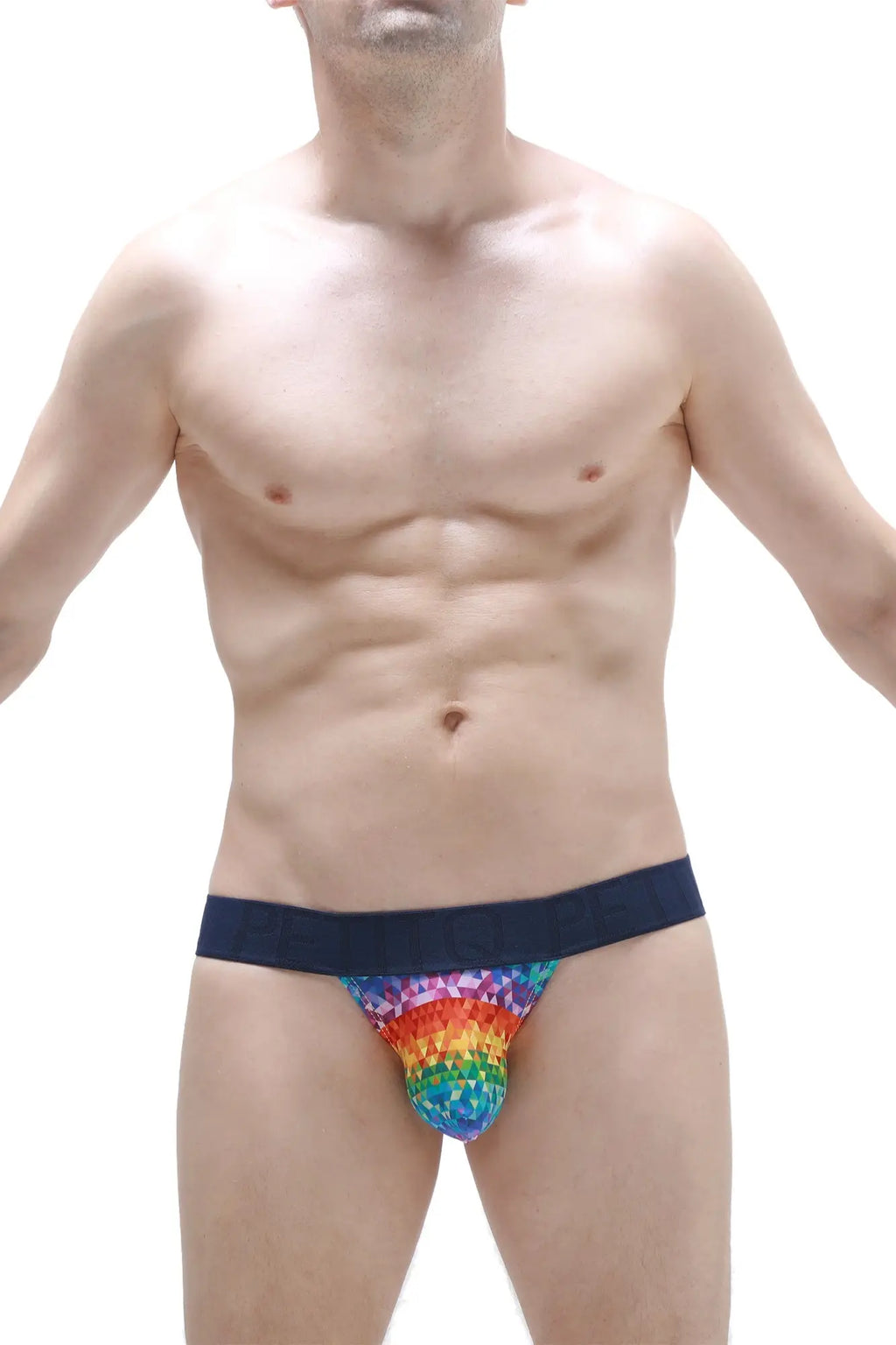 PetitQ jockstrap chill kaleidoscope featuring a rainbow pixelated pattern and solid navy blue waistband