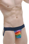 PetitQ jockstrap chill kaleidoscope with rainbow geometric pattern and navy blue waistband for men