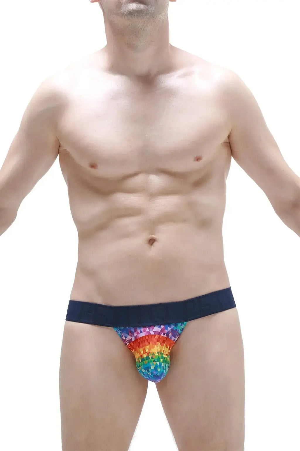 PetitQ jockstrap chill kaleidoscope featuring a rainbow pixelated pattern and solid navy blue waistband