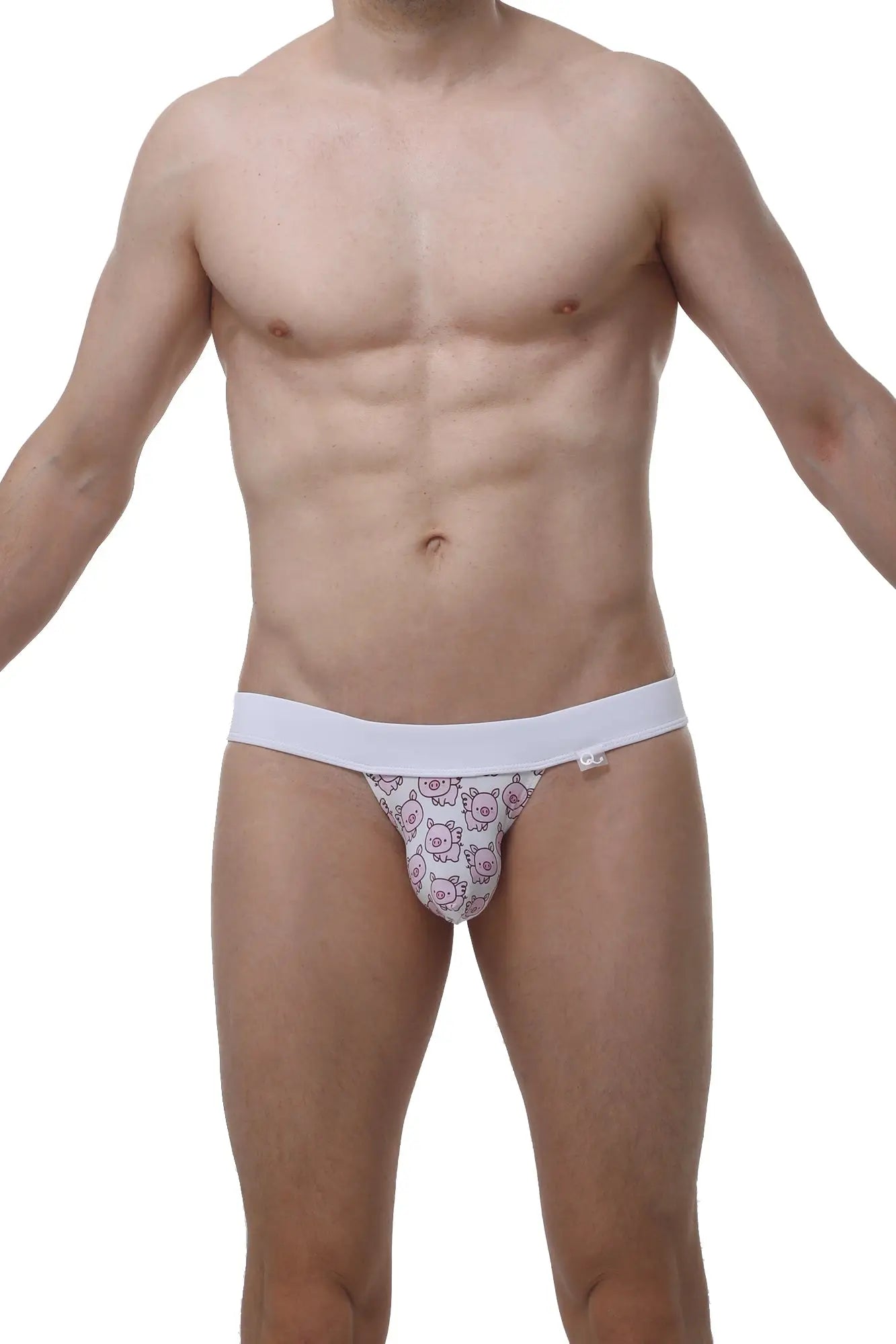 White petitq jockstrap briefs with playful pink cartoon pig faces pattern for chill piggy love style