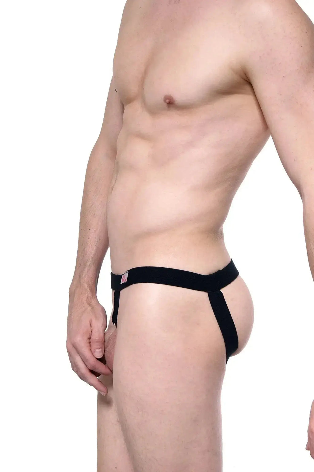 Black petitq jockstrap cockring briefs with snug fit and small red logo on waistband for athletic support
