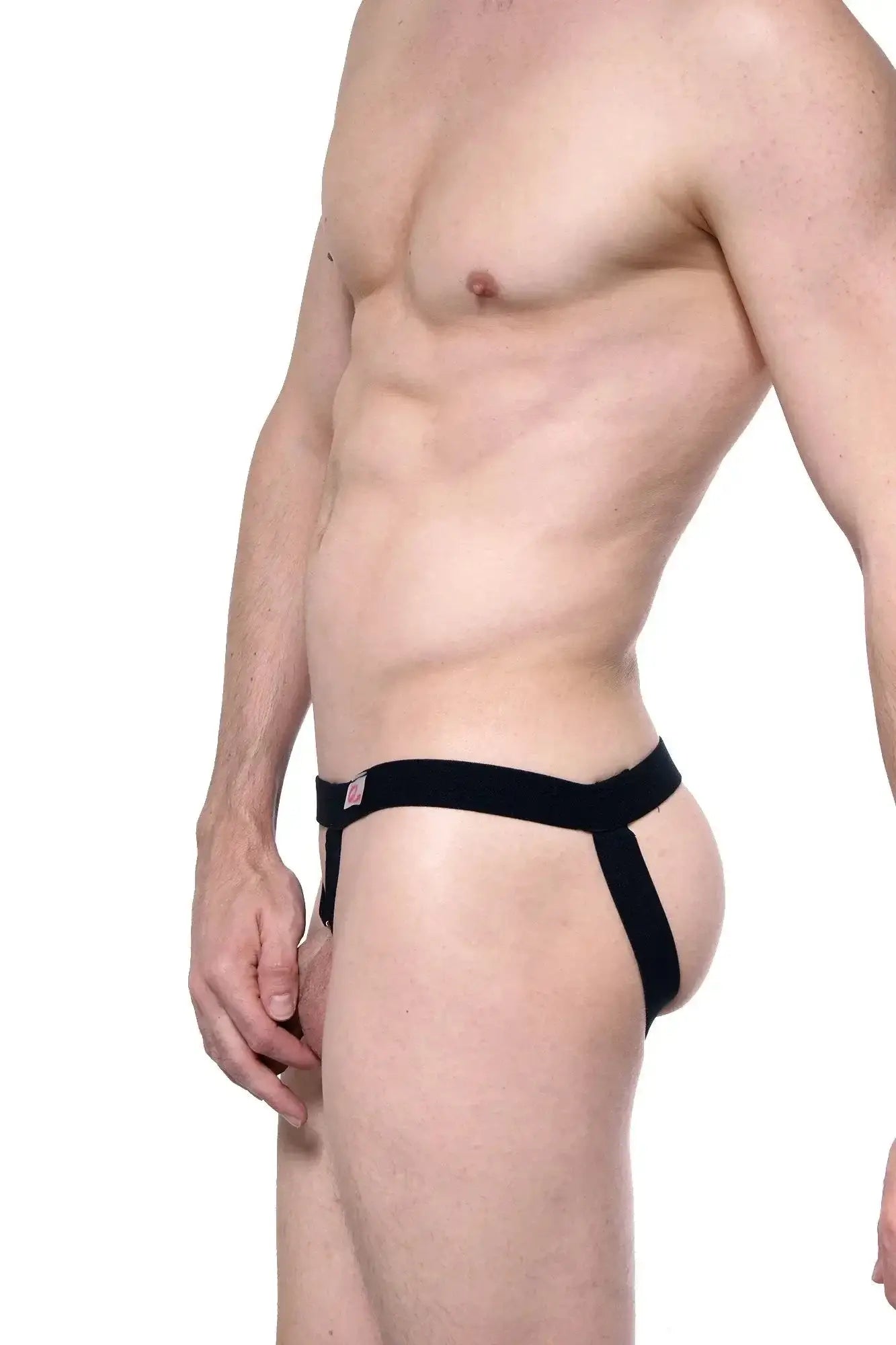 Black petitq jockstrap cockring briefs with snug fit and small red logo on waistband for athletic support