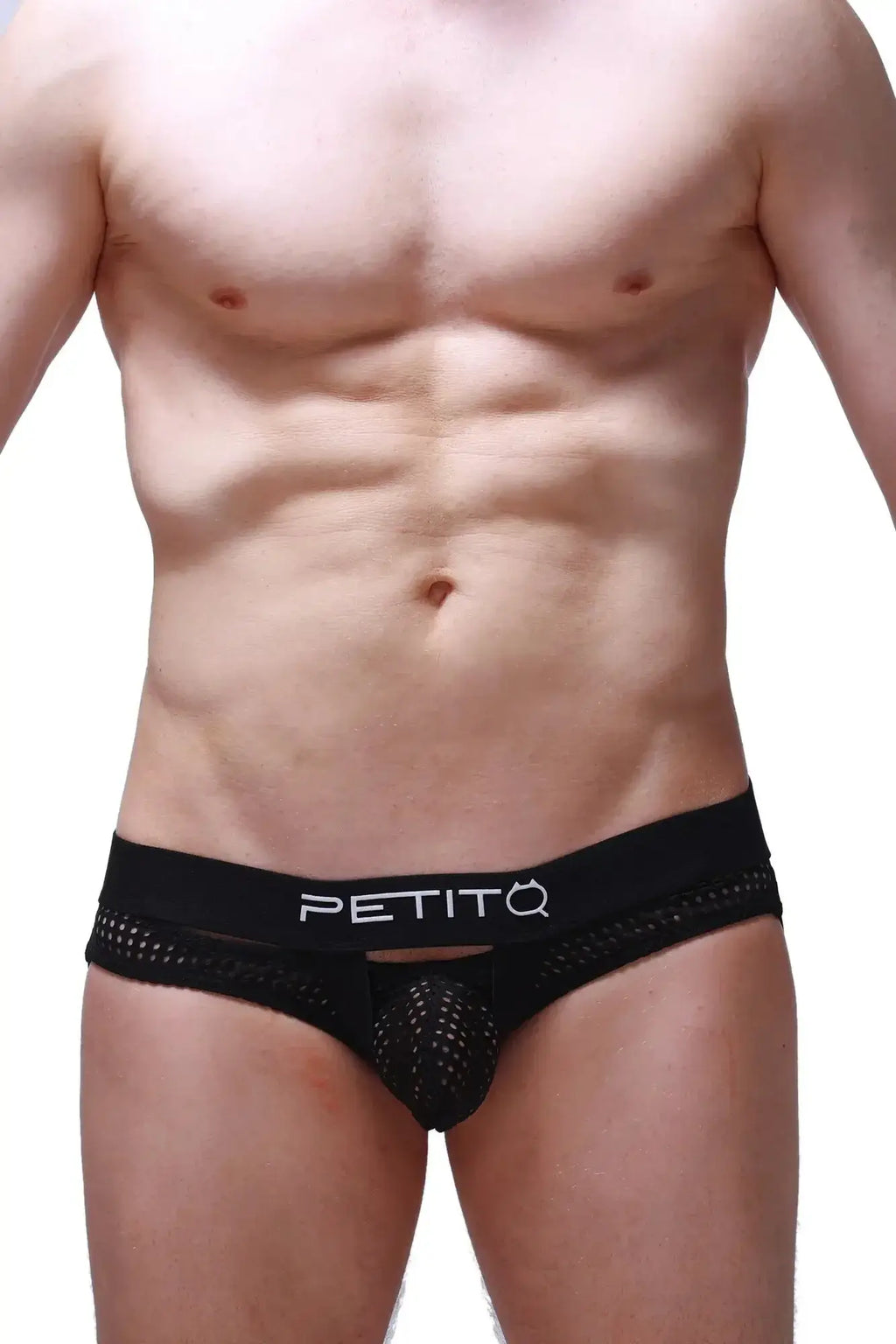 Black mesh jockstrap briefs with white petitq logo on waistband from PetitQ jockstrap Dolmen Durtol Black collection