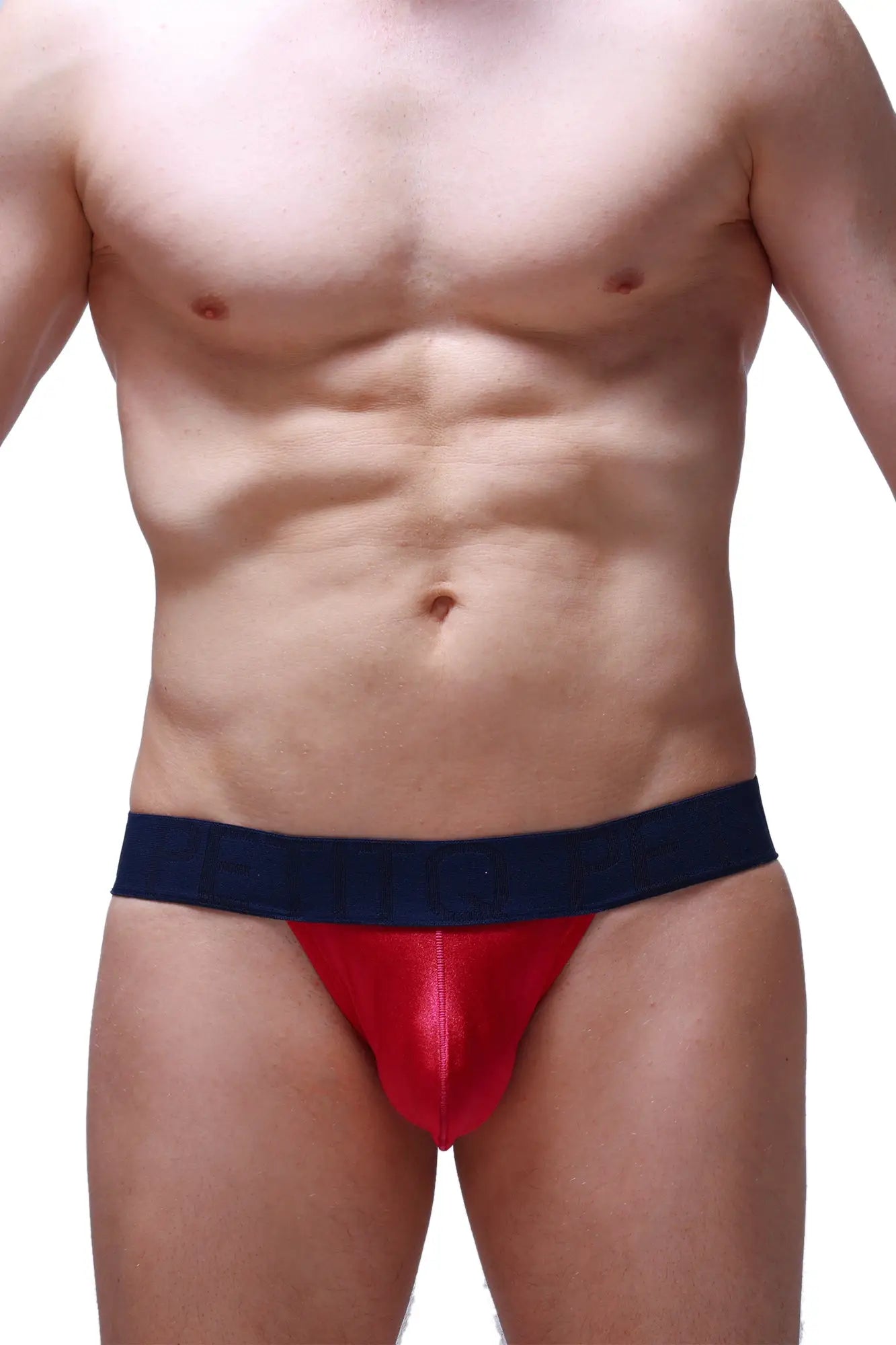 Red and navy blue shiny form-fitting mens briefs PetitQ jockstrap Joe Framboise showcasing front view design