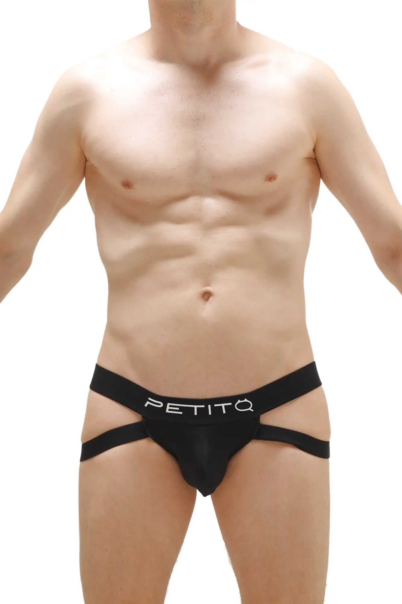 Black petitq jockstrap lonray briefs with sleek form-fitting design and white logo waistband front view