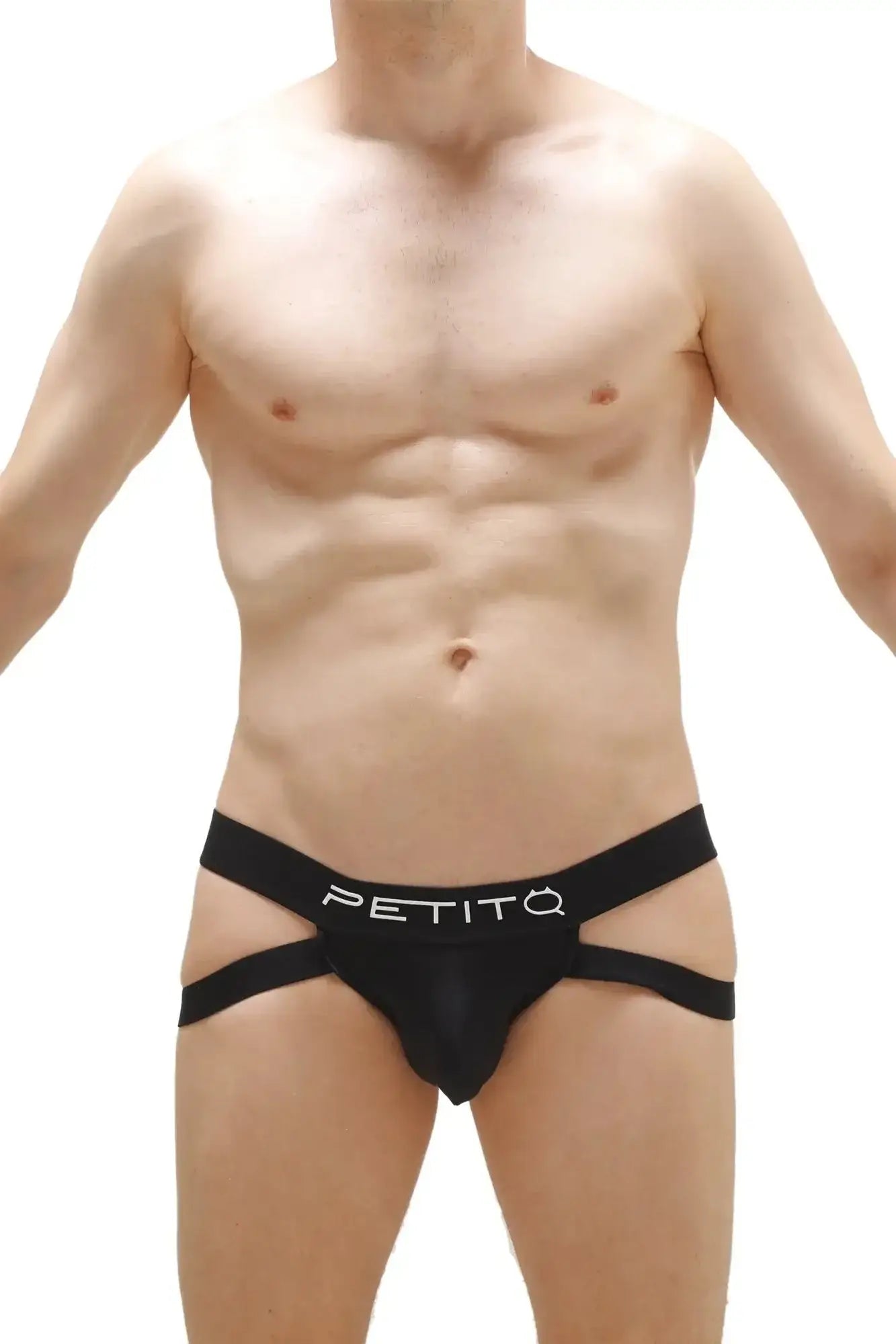 Black petitq jockstrap lonray briefs with sleek form-fitting design and white logo waistband front view