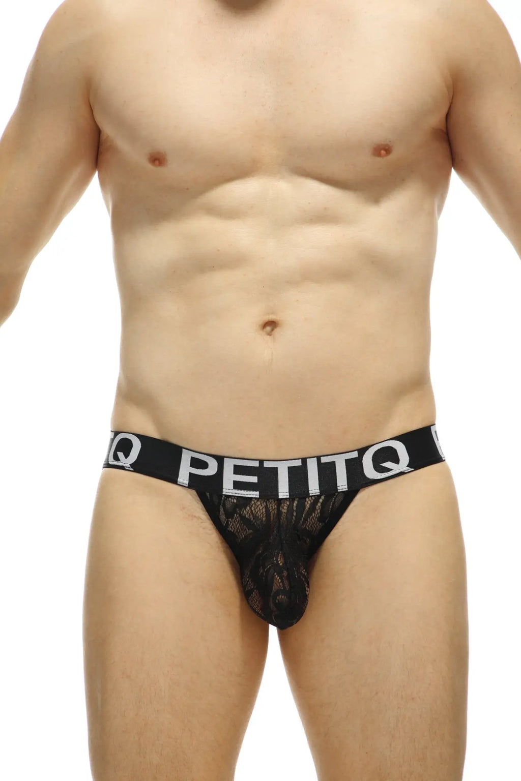 Black lace thong jockstrap with a white petitq logo band in black lace material